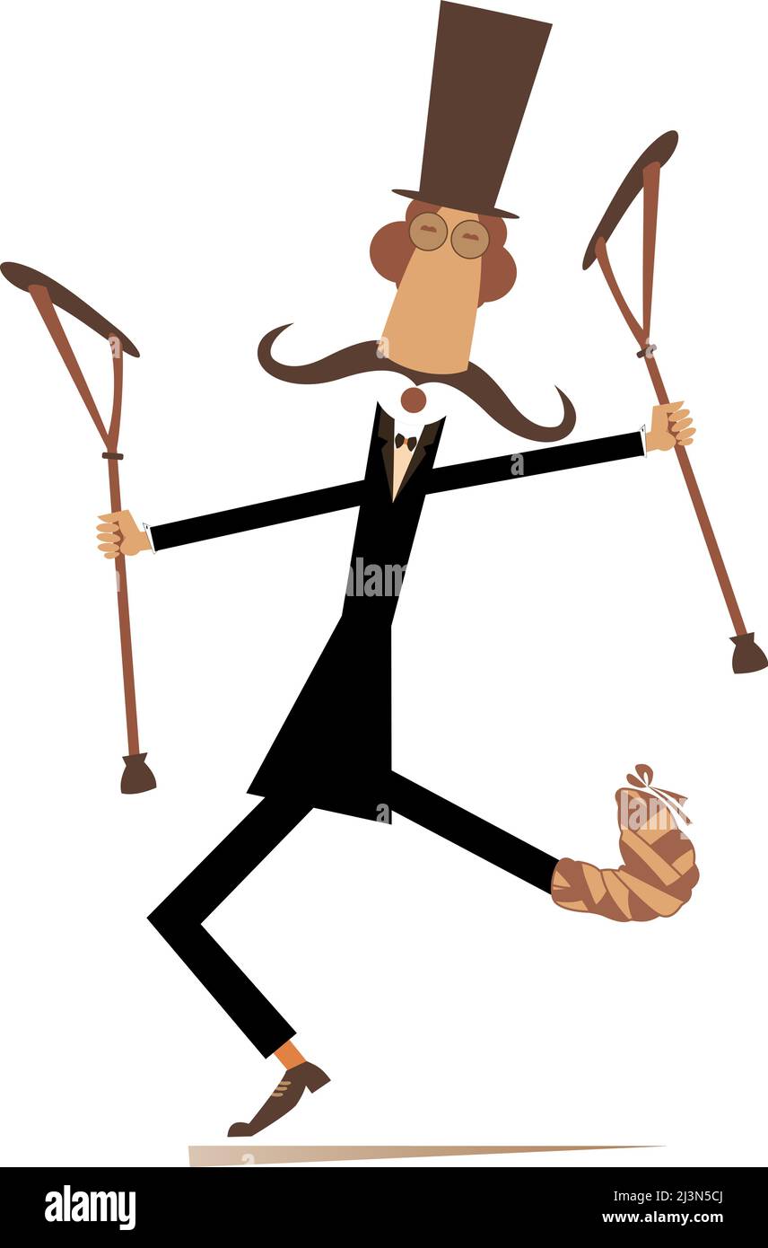 feliz hombre de dibujos animados vendaje en la pierna muletas alegre caballero largo bigote en el sombrero con vendaje en la pierna bailando con muletas 2j3n5cj